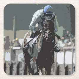 Posavasos Cuadrado De Papel Caballo De Carrera Con Jockey En Montaña De Papel