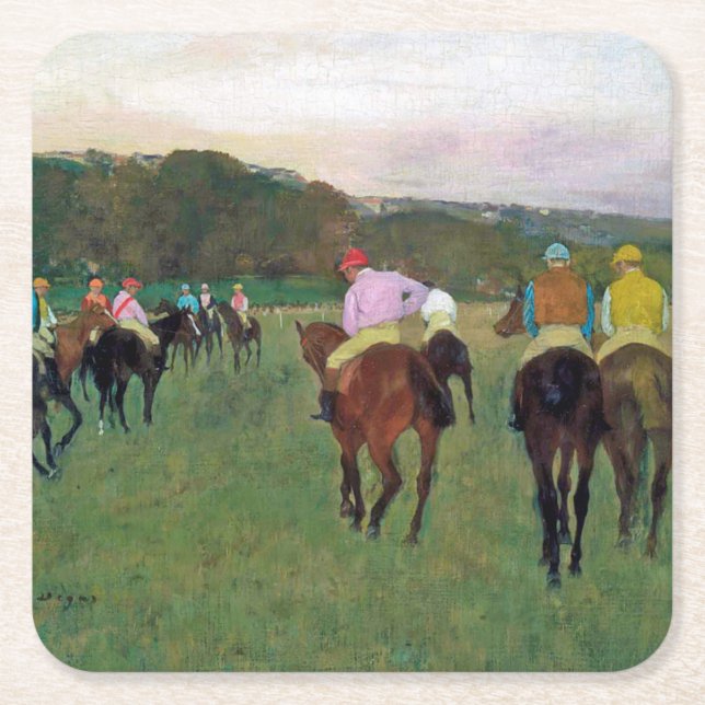 Posavasos Cuadrado De Papel Caballo de carreras Longchamp, Edgar Degas (Anverso)