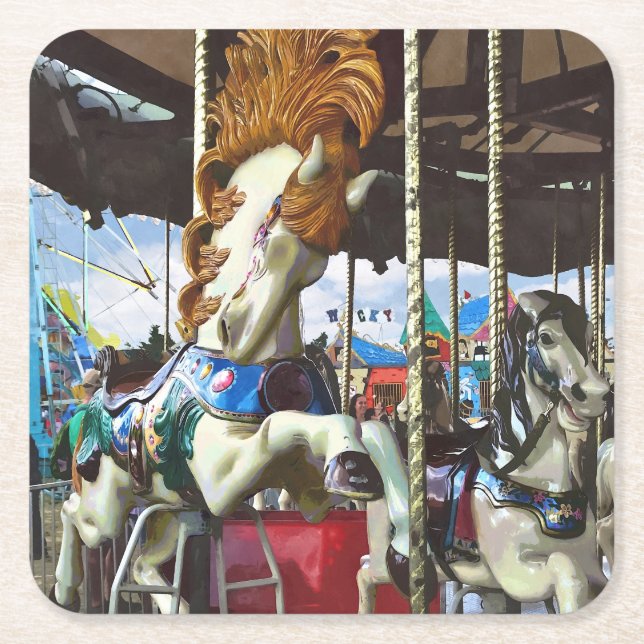 Posavasos Cuadrado De Papel Caballo De Carrusel Con Mano Fluida (Anverso)