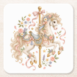 Posavasos Cuadrado De Papel Caballo de carrusel elegante cuento de hadas franc