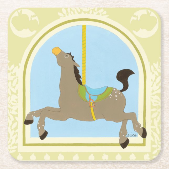 Posavasos Cuadrado De Papel Caballo de carrusel por June Erica Vess (Anverso)