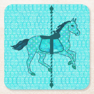 Posavasos Cuadrado De Papel Caballo de Carrusel - Turquesa y Aqua
