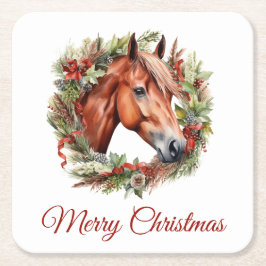 Posavasos Cuadrado De Papel Caballo de castaño y Navidades Wreath Watercolor