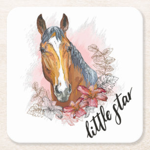 Posavasos Cuadrado De Papel Caballo de dibujo manual con plantas y flores T-Sh