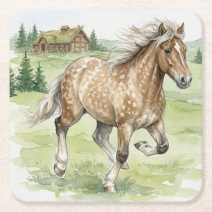 Posavasos Cuadrado De Papel Caballo islandés Stjarna galopando en prado