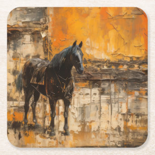 Posavasos Cuadrado De Papel Caballo majestuoso al atardecer abstracto
