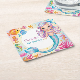 Posavasos Cuadrado De Papel Caballo marino de sirena arcoiris