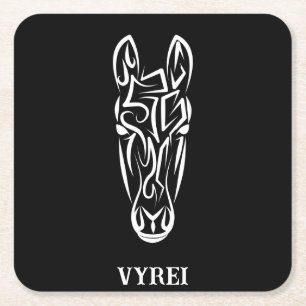 Posavasos Cuadrado De Papel Caballo tribal blanco y negro