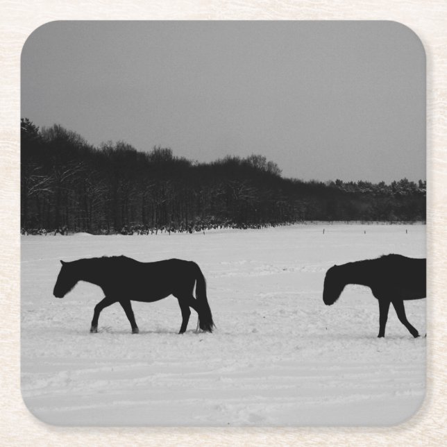 Posavasos Cuadrado De Papel Caballos con coasterca de nieve (Anverso)