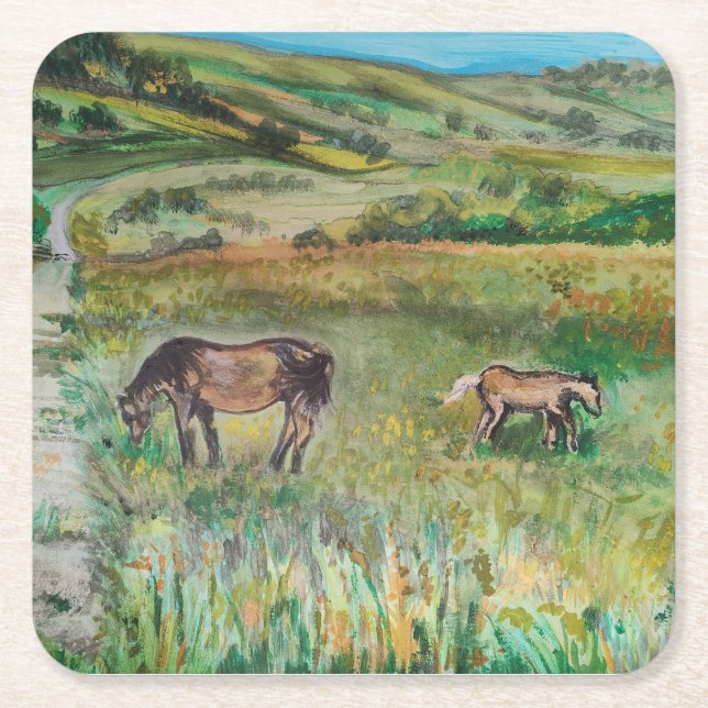 Posavasos Cuadrado De Papel Caballos en la pradera (Anverso)