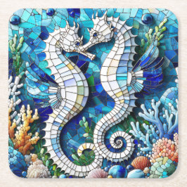 Posavasos Cuadrado De Papel Caballos marinos Mosaicos Playa romántica