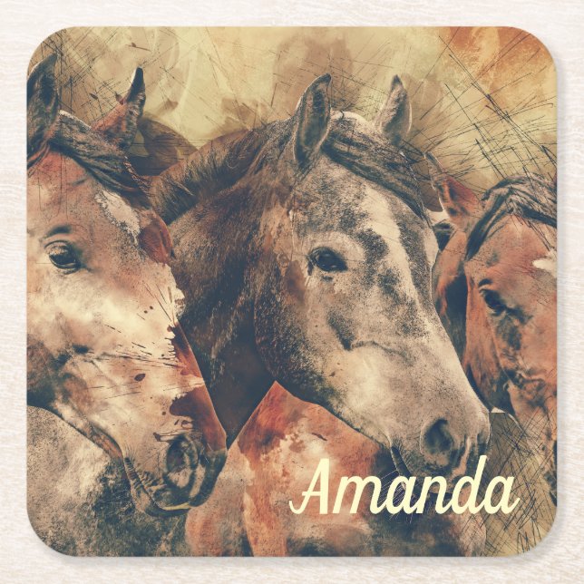 Posavasos Cuadrado De Papel Caballos marrones (Anverso)