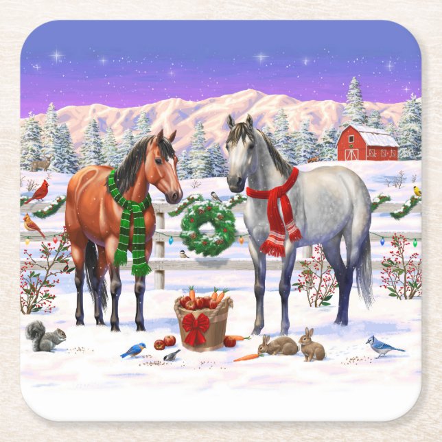 Posavasos Cuadrado De Papel Caballos navidades en nieve (Anverso)