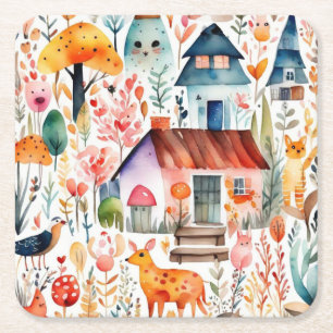 Posavasos Cuadrado De Papel Cabaña de cabaña de animales de campo floridos cas