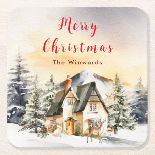 Posavasos Cuadrado De Papel Cabaña de vacaciones de invierno Feliz Navidad