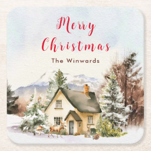 Posavasos Cuadrado De Papel Cabaña de vacaciones de invierno Feliz Navidad