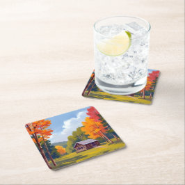 Posavasos Cuadrado De Papel Cabaña junto al lago de otoño