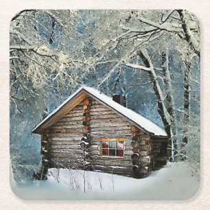 Posavasos Cuadrado De Papel Cabaña Rústica Magia de Invierno