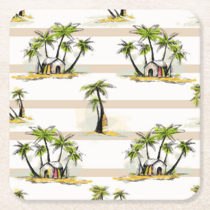 Posavasos Cuadrado De Papel Cabaña y palmas tropicales