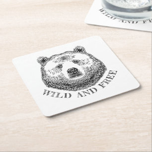 Posavasos Cuadrado De Papel Cabeza De Oso, Silvestre Y Libre, Ilustracion Derr