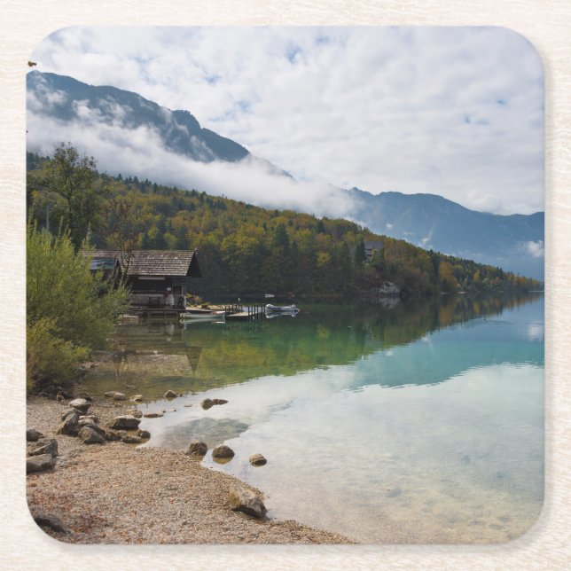 Posavasos Cuadrado De Papel Cabina junto al lago Bohinj en Eslovenia (Anverso)