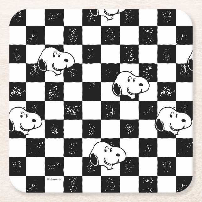 Posavasos Cuadrado De Papel Cacahuetes | Bandera de Snoopy Checkered (Anverso)