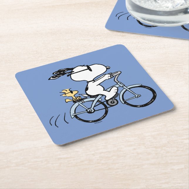 Posavasos Cuadrado De Papel Cacahuetes | Bicicleta Snoopy & Woodstock (En perspectiva)