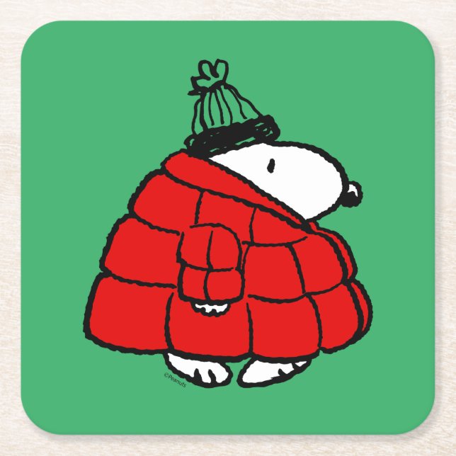 Posavasos Cuadrado De Papel Cacahuetes | Chaqueta Snoopy Red Puffer (Anverso)
