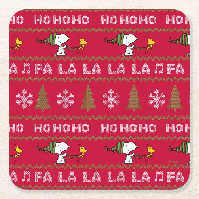 Posavasos Cuadrado De Papel Cacahuetes | Navidades Snoopy y Woodstock Sweater (Anverso)