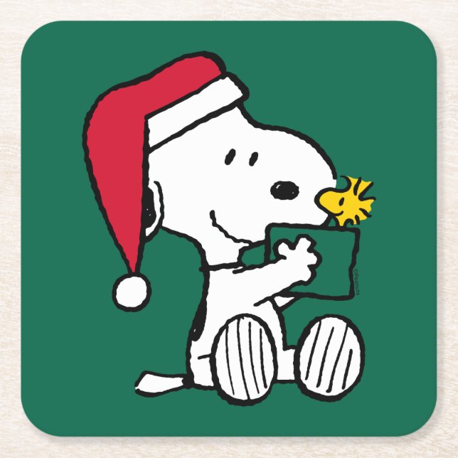 Posavasos Cuadrado De Papel Cacahuetes | Regalo Snoopy Santa & Woodstock (Anverso)
