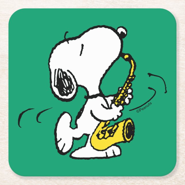 Posavasos Cuadrado De Papel Cacahuetes | Snoopy Saxophone Player (Anverso)