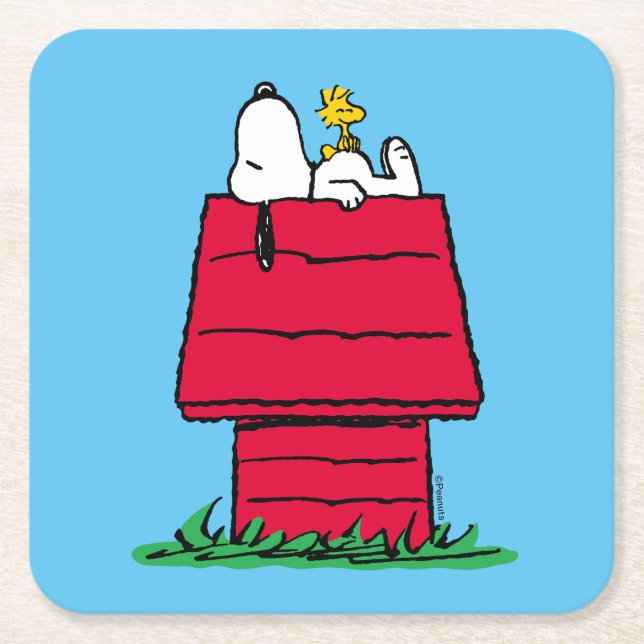 Posavasos Cuadrado De Papel Cacahuetes | Snoopy & Woodstock Doghouse (Anverso)