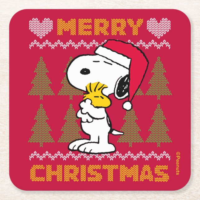 Posavasos Cuadrado De Papel Cacahuetes | Snoopy & Woodstock Santa Claus Hug (Anverso)