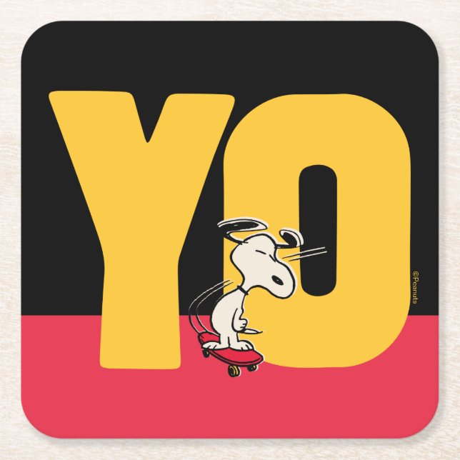 Posavasos Cuadrado De Papel Cacahuetes | Snoopy YO Skateboard (Anverso)