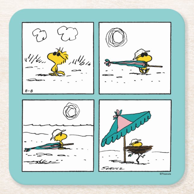 Posavasos Cuadrado De Papel Cacahuetes | Woodstock en la playa (Anverso)