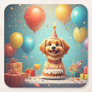 Posavasos Cuadrado De Papel Cachorro Adorable Celebrando Fiesta de Cumpleaños