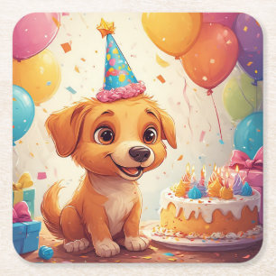 Posavasos Cuadrado De Papel Cachorro Adorable Celebrando Fiesta de Cumpleaños