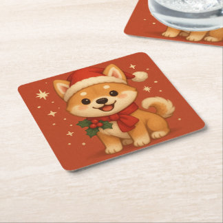 Posavasos Cuadrado De Papel Cachorro de Navidad adorable