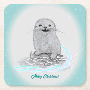 Posavasos Cuadrado De Papel Cachorro de Nutria Marina Blanca Adorable, Feliz N