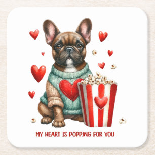 Posavasos Cuadrado De Papel Cachorro francés adorable corazón del día de San V
