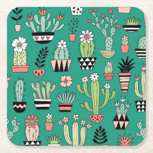 Posavasos Cuadrado De Papel Cactancia en floración Vintage de fondo verde