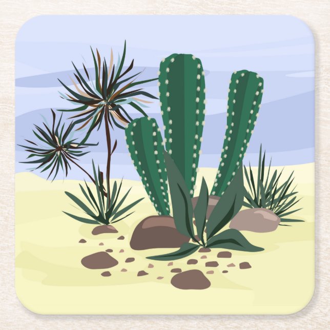 Posavasos Cuadrado De Papel Cacti, suculentos. (Anverso)