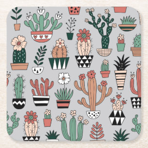 Posavasos Cuadrado De Papel Cactúos de brillo lindo: patrón dibujado a mano