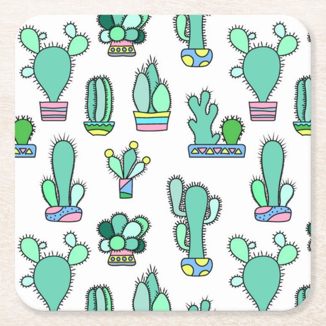 Posavasos Cuadrado De Papel Cactus de la verde menta y modelo suculento de la (Anverso)