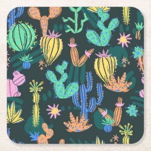 Posavasos Cuadrado De Papel Cactus dibujado a mano: sin costuras escandinavas.