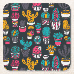 Posavasos Cuadrado De Papel Cactus dibujado mano en modelo del estilo del