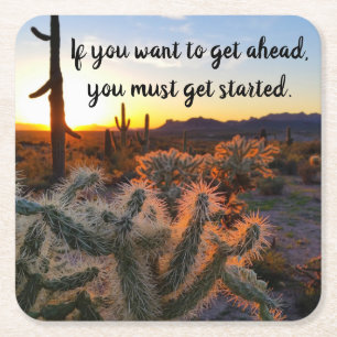 Posavasos Cuadrado De Papel Cactus Inspirador del desierto de Arizona Sunset