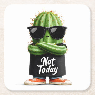 Posavasos Cuadrado De Papel Cactus "No Hoy" con gafas de sol y actitud