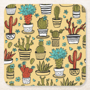 Posavasos Cuadrado De Papel Cactus Succulent: Esbozo dibujado a mano