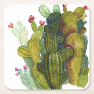 Posavasos Cuadrado De Papel Cactus, suculentas: acuarela vintage.